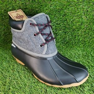 Skechers Pond Lil Puddles SIZE 8 Women's Waterproof Duck Rain Boots Black Gray